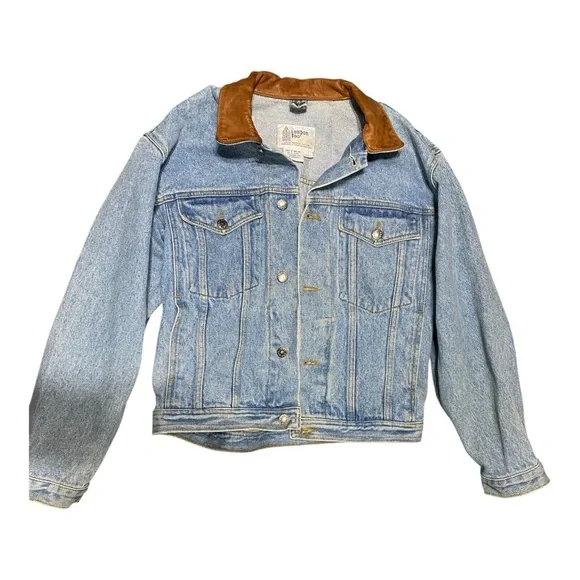London Fog, Blue Denim Jacket with Brown leather Collar - Picture 6 of 15